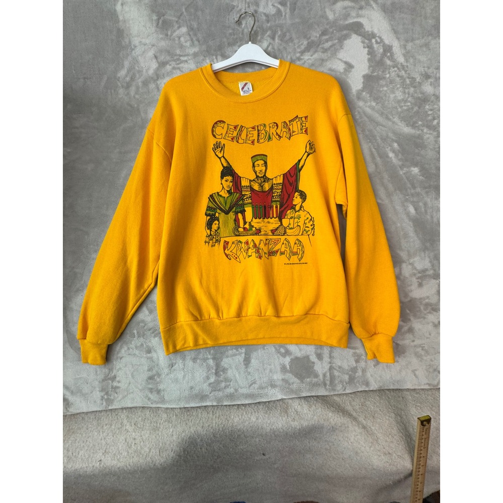 Vintage Jerzees Kwanzaa Sweatshirt Yellow Nguzo Saba Graphic Made in USA Large